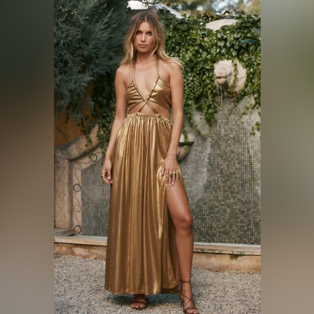 12th Tribe Gold Backless Maxi Dress
